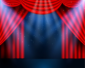 Red curtains partires theater scene. Theater stage, festival and celebration background. glowing stage lights