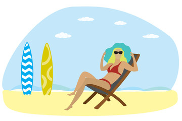 Fototapeta na wymiar Sea coast scene,female in swimsuit,woman lies in lounge chair