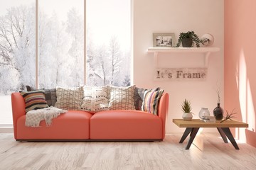 Coral stylish minimalist room with sofa and winter landscape in window. Scandinavian interior design. 3D illustration
