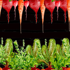 Watercolor Vegan Pattern. Seamless Hand Drawn  Vegetables. Healthy Food Print. Gardening Background. Greenery Repeatable Design for Menu, Restaurant, Salat Bar, Farmers Market. Redish, carrot, beet.