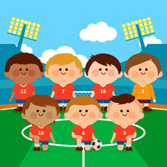 Children soccer player team at a stadium. Vector illustration