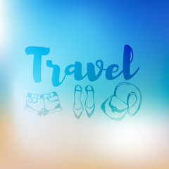 Fototapeta premium blurred beach and ocean for treveling card, and summer background. Travel illustration. Hand drow sketch fashion closes elements.