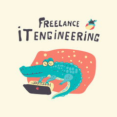 Vector flat character crocodile with laptop computer. Freelancer IT engineering concept. Cute cartoon alligator works distant in internet. Illustration of funny croc working at home. 