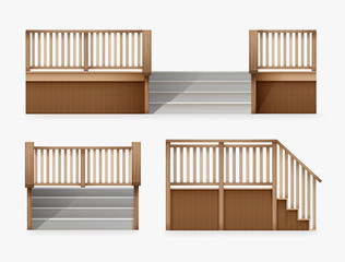 Fototapeta na wymiar Vector illustration of staircase for entrance to house, stairway of porch from wooden balustrade front and side view