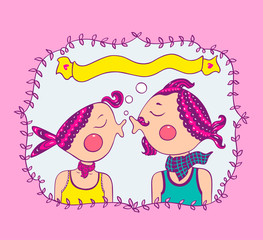 Couple in love with fish face. Vector illustration for child book, t-shirt print, poster,card, postcard. Fantastic character on valentine day.