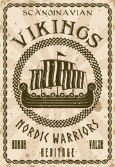 Vikings sailship or drakkar vector vintage poster