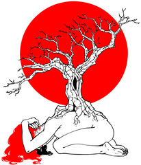 Woman, tree and red sun