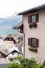 Old vintage wooden houses by the lake in Hallstatt, Austria