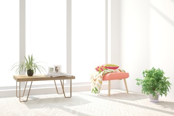 White cozy minimalist room with coral armchair. Scandinavian interior design. 3D illustration