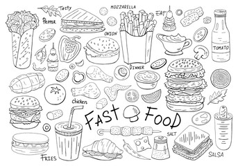 Big set  vector fast food elements on white background.