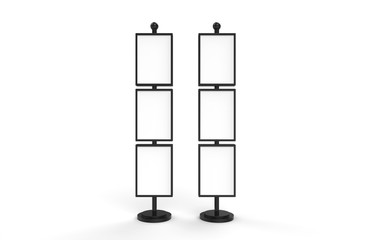 Poster stand takes multiple A2, A3, A4, A5 posters on a tall stand, mock up template for retail displays in stores as a shop poster stand, 3d illustration