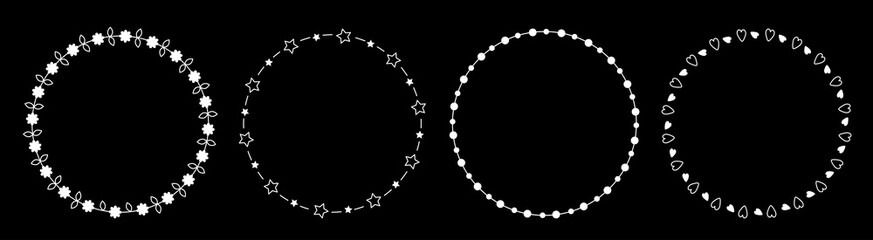 Round circle frame wreath icon set line. Daisy flower, star, leaf, dot decoration element. Flat design. Black background. Isolated.