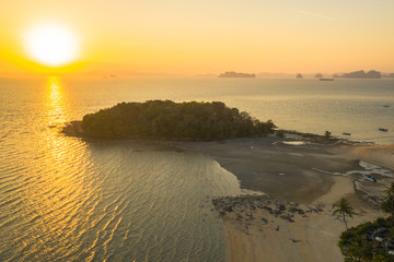 Fototapeta premium aerial view sunset Kwang island is in the middle of Kwang beach Krabi Thailand when low tide can walk to Kwang island Kwang is mean deer.