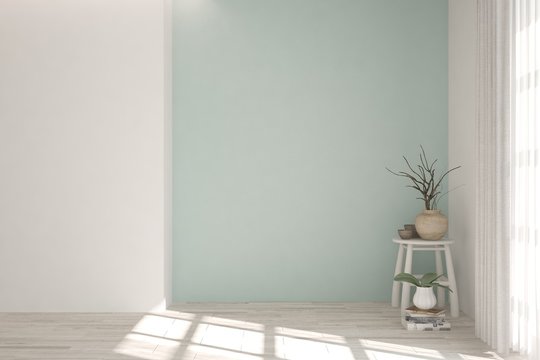 Blue minimalist empty room with chair. Scandinavian interior design. 3D illustration