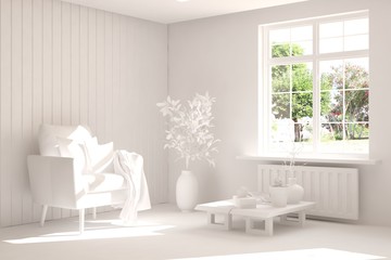 Stylish room in white color with armchair and green landscape in window. Scandinavian interior design. 3D illustration