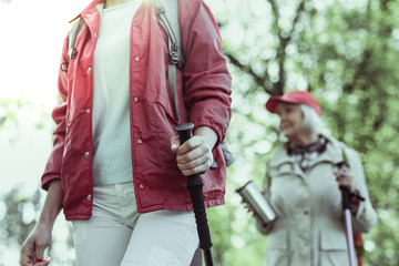 Group of tourists using trekking poles for hiking