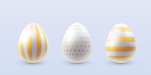 Vector set of white 3d Easter eggs with gold pattern decoration isolated on white background.