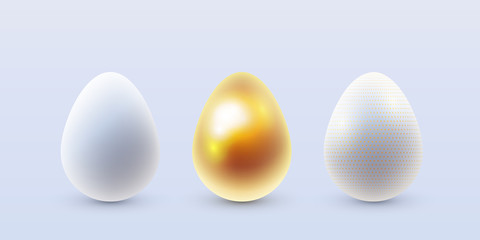 Vector set of white 3d Easter eggs with gold pattern decoration isolated on white background.