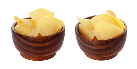 Potato chips in wooden bowl isolated on white background