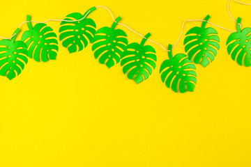 Fototapeta na wymiar Summer Tropical leaves, plants Frame. Paper cut style.
