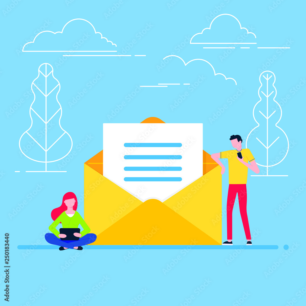 Poster people read new message concept flat style design vector illustration. open envelope with text on it