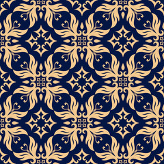  Floral seamless background. Golden flowers on dark blue backdrop