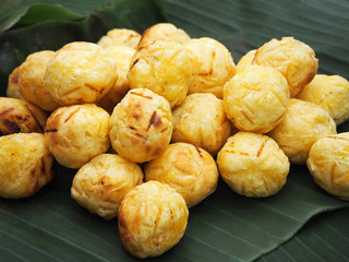 Delicious Thai Dessert - Grilled Mashed Potato Balls on Banana Leaf