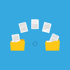Files transfer. Documents management. Copy files, data exchange, backup Vector illustration