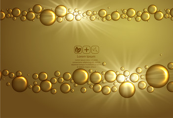 Beauty skin care design over golden backdrop. Vector illustration.Shining golden essence droplet.Bubbles oil Serum Skin Care Cosmetic.Collagen Sollution. Vector 3d illustration
