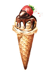 Chocolate with strawberry vanilla ice cream scoop with cone