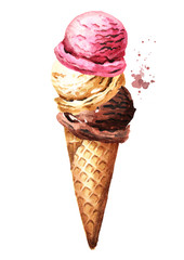 Chocolate,  strawberry and vanilla ice cream scoop with cone. Watercolor hand drawn illustration isolated on white background