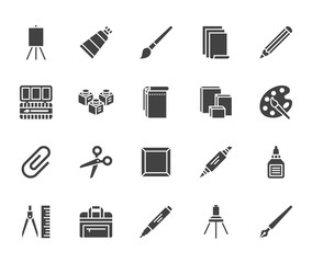 Art supplies flat glyph icons set. Oil paints, watercolor, drawing paper, sketchbook, pallette, stationery vector illustrations. Signs for artistic store. Solid silhouette pixel perfect 64x64