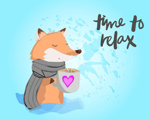Cute cartoon fox with cup of tea and a scarf on a white background. Time to relax