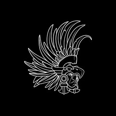 White outline on black background, tribal warrior wearing beautiful helmet with long feathers