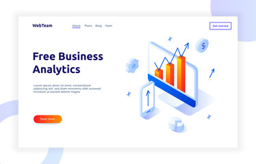 Isometric social marketing gradient style design concept, business analytics website banner template
