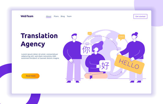 Vector flat line translation design concept of big modern people, holding cards with word Hello in chinese and english. Trendy language courses, translation agency illustration with earth globe.