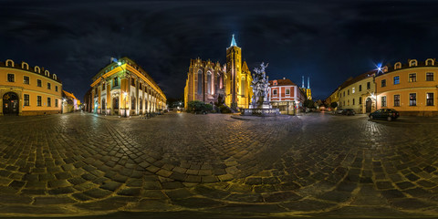 night full seamless spherical panorama 360 degrees district Ostrow Tumski with spires illuminated...