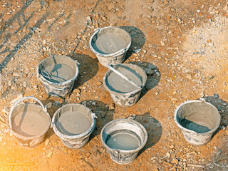 Top view seven bucket in construction site