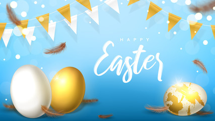 Fototapeta na wymiar Elegant banner for Happy Easter. Beautiful background with realistic white and gold Easter eggs, garlands and chicken feathers. Holiday vector illustration.