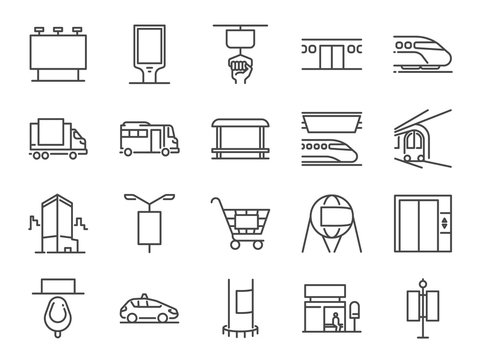 Out of home media line icon set. Included icons as advertise, outdoor   advertising, marketing, outdoor media and more.