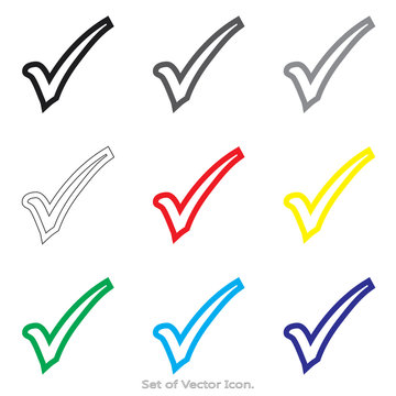 Check mark, tick, yes. Set icons with nine Color Variations of flat style. Vector illustration.