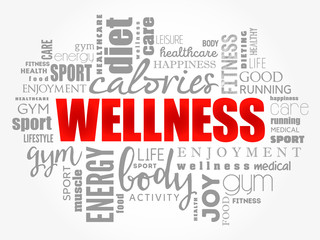 Wellness word cloud collage, health concept background