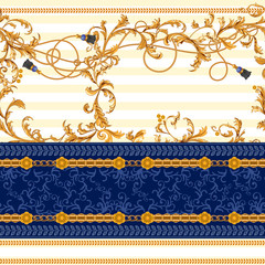 Baroque seamless pattern with chains, rope, brushes. Vector patch for print, fabric, scarf
