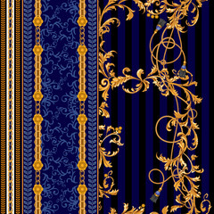 Baroque seamless pattern with chains, ropes and brushes.Vector patch for print, fabric, scarf