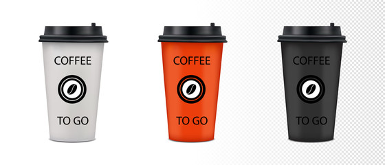 Realistic Coffee Paper Cup Set With Lid And Logo - Vector Illustration - Isolated On Transparent Background
