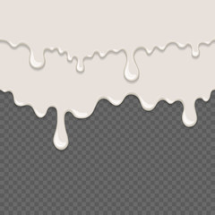 White sticky liquid seamless element. Realistic dripping slime isolated object. Background with white yogurt. Popular kids sensory game. Dairy flowing repeatable vector illustration. White paint drops