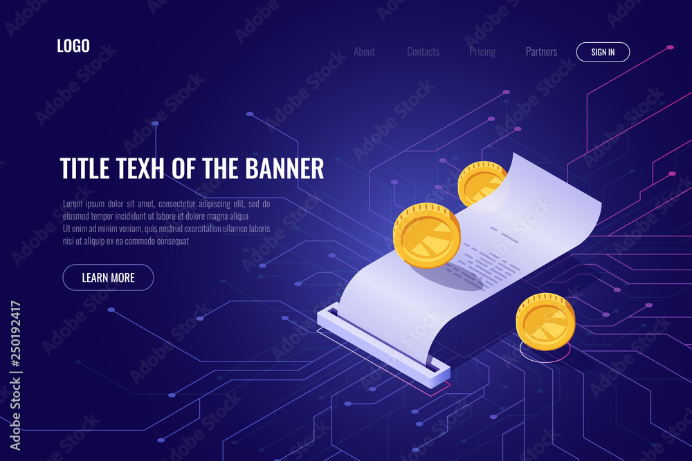 Poster cryptocurrency mining and payment concept, ico isometric banner, web page of blockchain technology, 