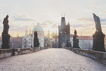 Charles Bridge in the morning in Prague. Prague cityscape
