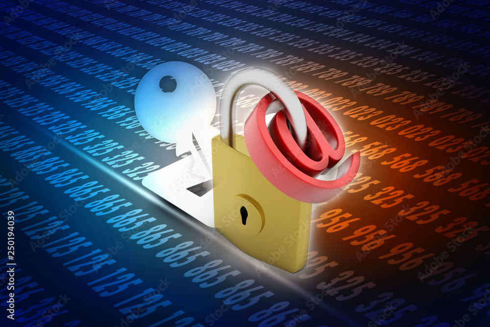 Poster 3d rendering e-mail symbol with lock. internet security concept