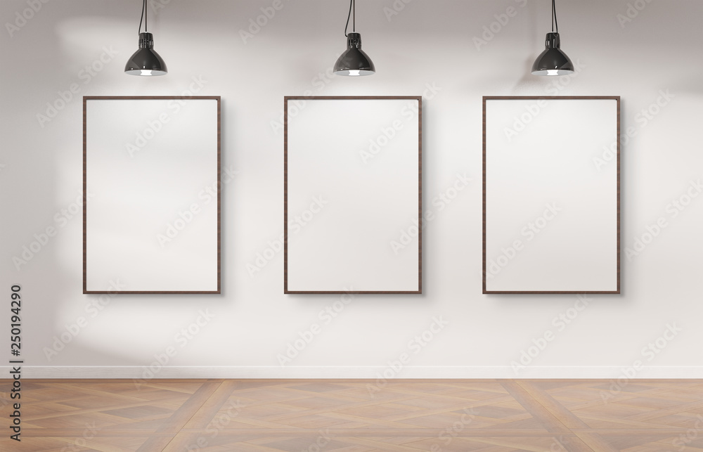 Poster Three frames hanging on a wall mockup 3d rendering